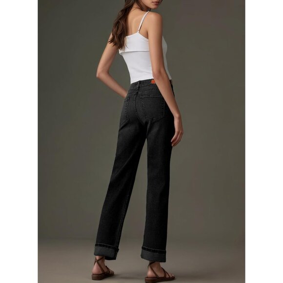 Women's Wide Leg Cuffed High Waisted Stretchy Denim Jeans with Pockets - Picture 4 of 6